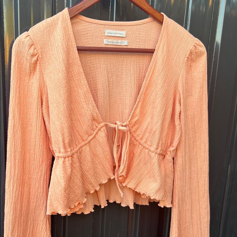 Urban Outfitters Coral Peach Flared Bell Cropped Sleeve Blouse Coastal Boho - Picture 3 of 7